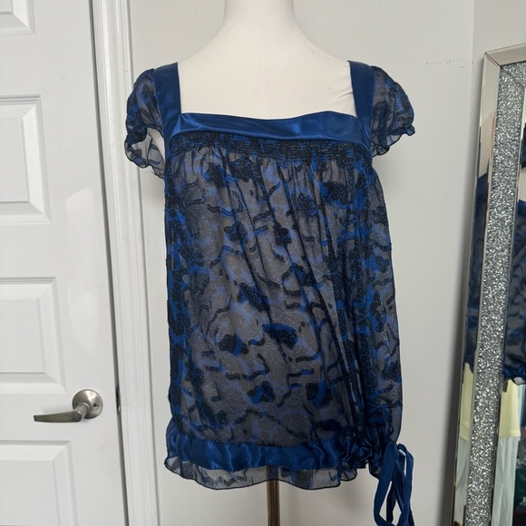 Y2K Blue Floral Women's Top L coquette whimsigoth glam fairy - Picture 2 of 8